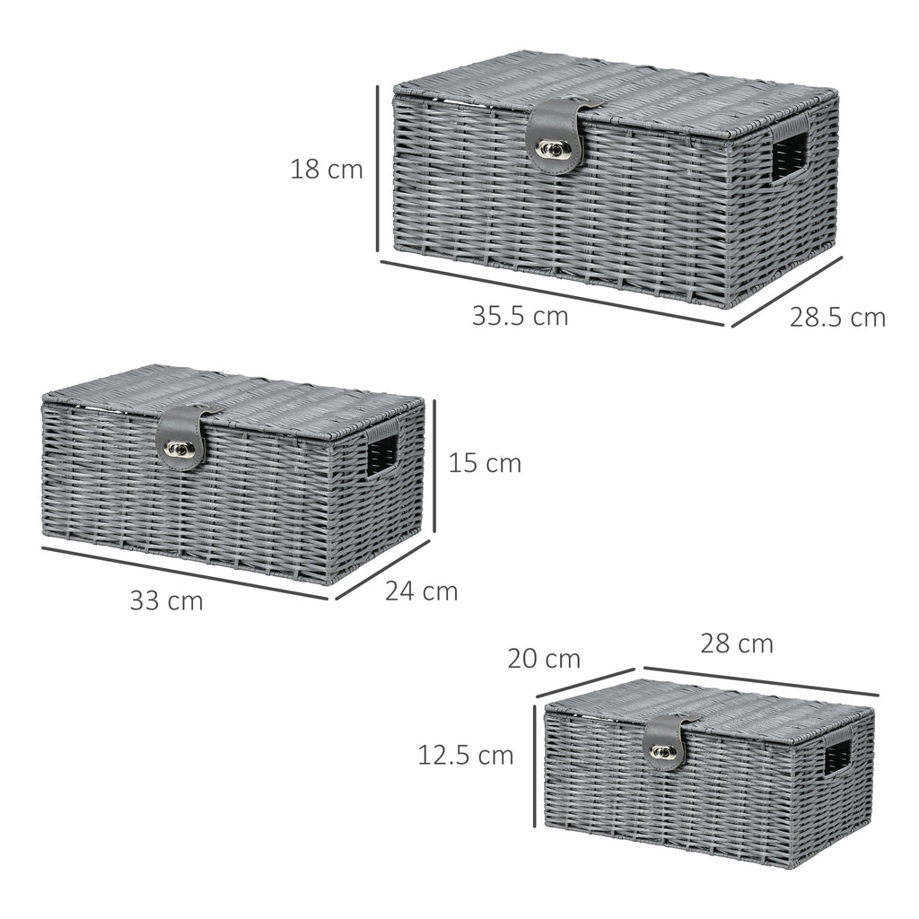 Set of 3 Grey Storage Boxes in with lid in different sizes - Borgè