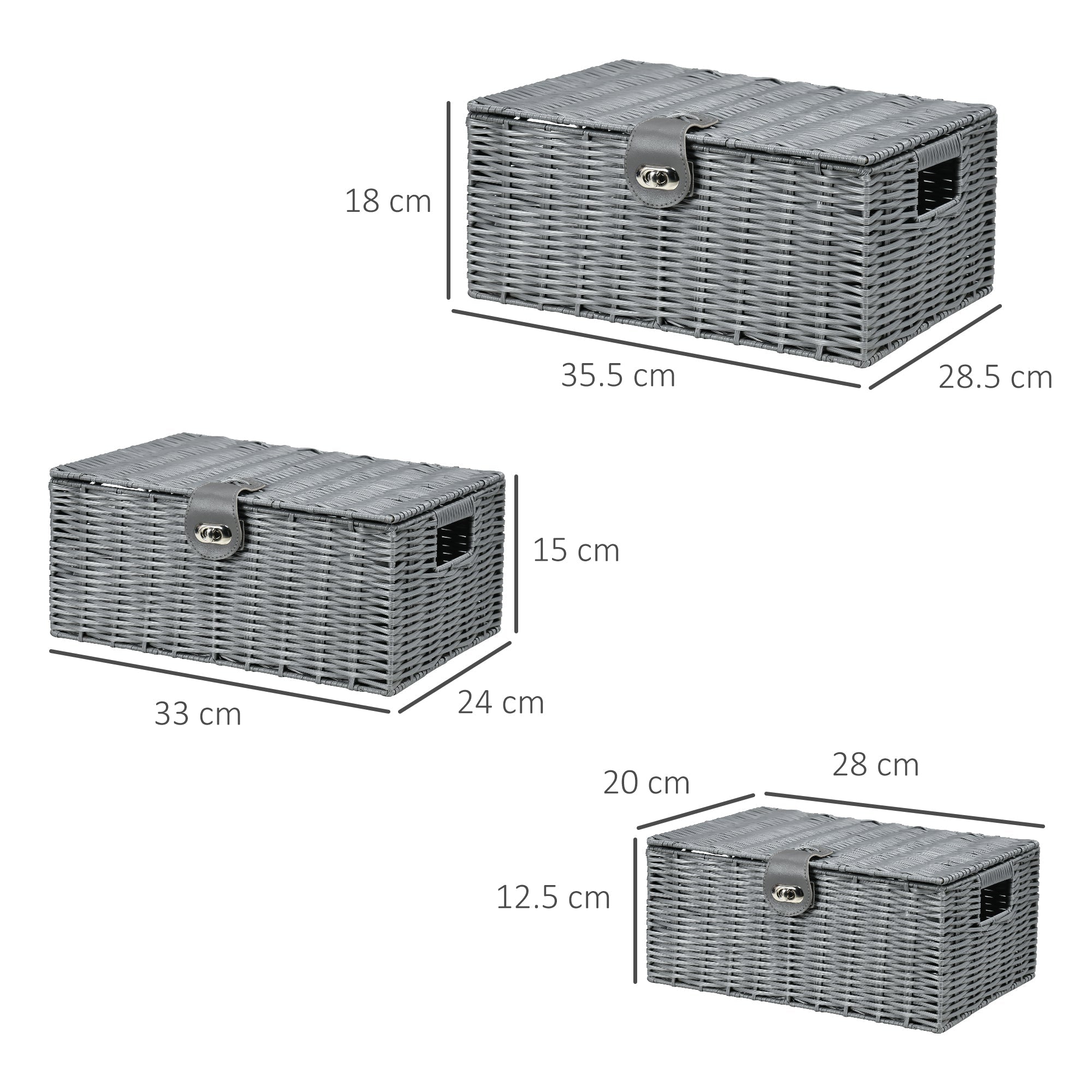 Set of 3 Grey Storage Boxes in with lid in different sizes - Borgè