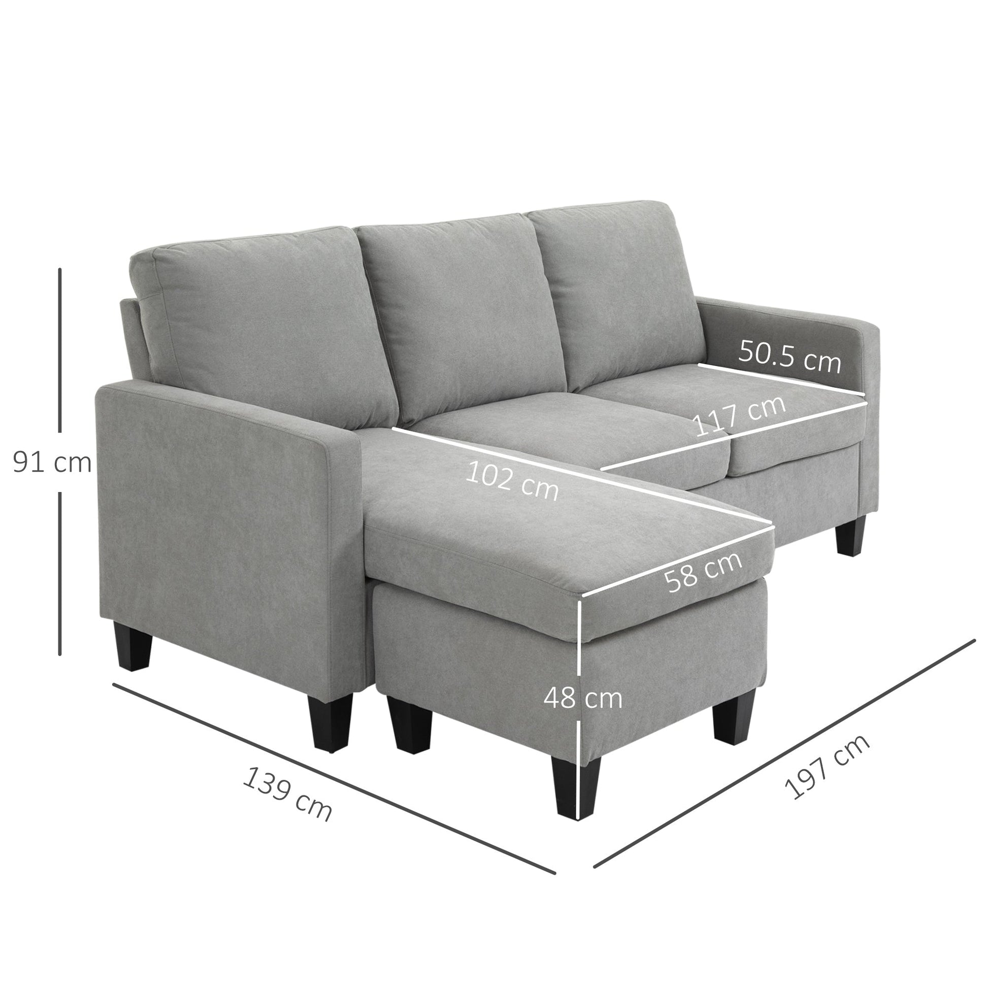 IGOR | Light Grey Fabric 3 Seater Corner Sofa with adjustable Lounge - Borgè