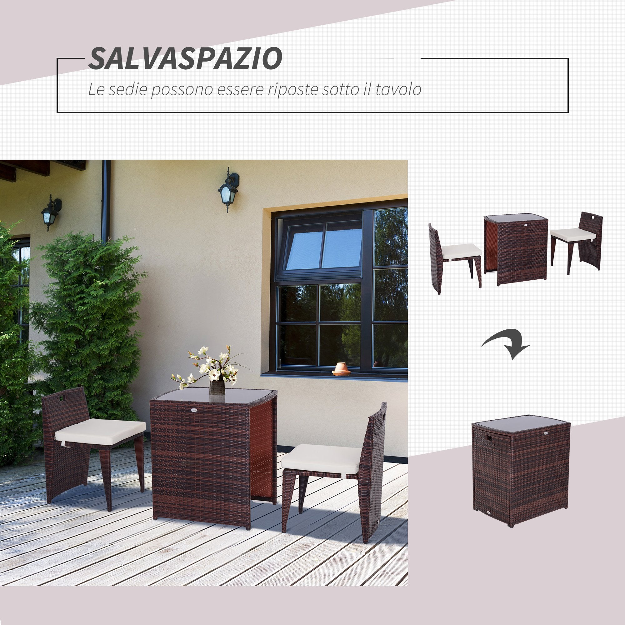2-Piece Space-Saving Rattan Garden Furniture Set with 1 Table and 2 Chairs with Cushions, Brown and Beige - Borge' Group Limited