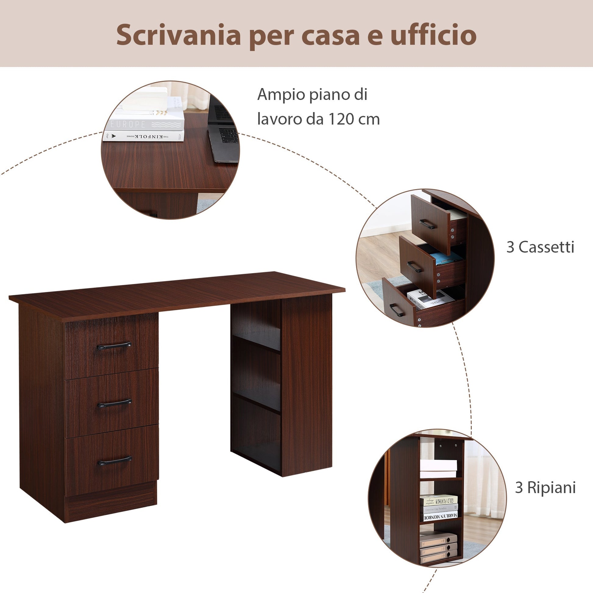 Office desk with 3 drawers and 3 wooden shelves, 120x49x72cm, walnut - Borgè