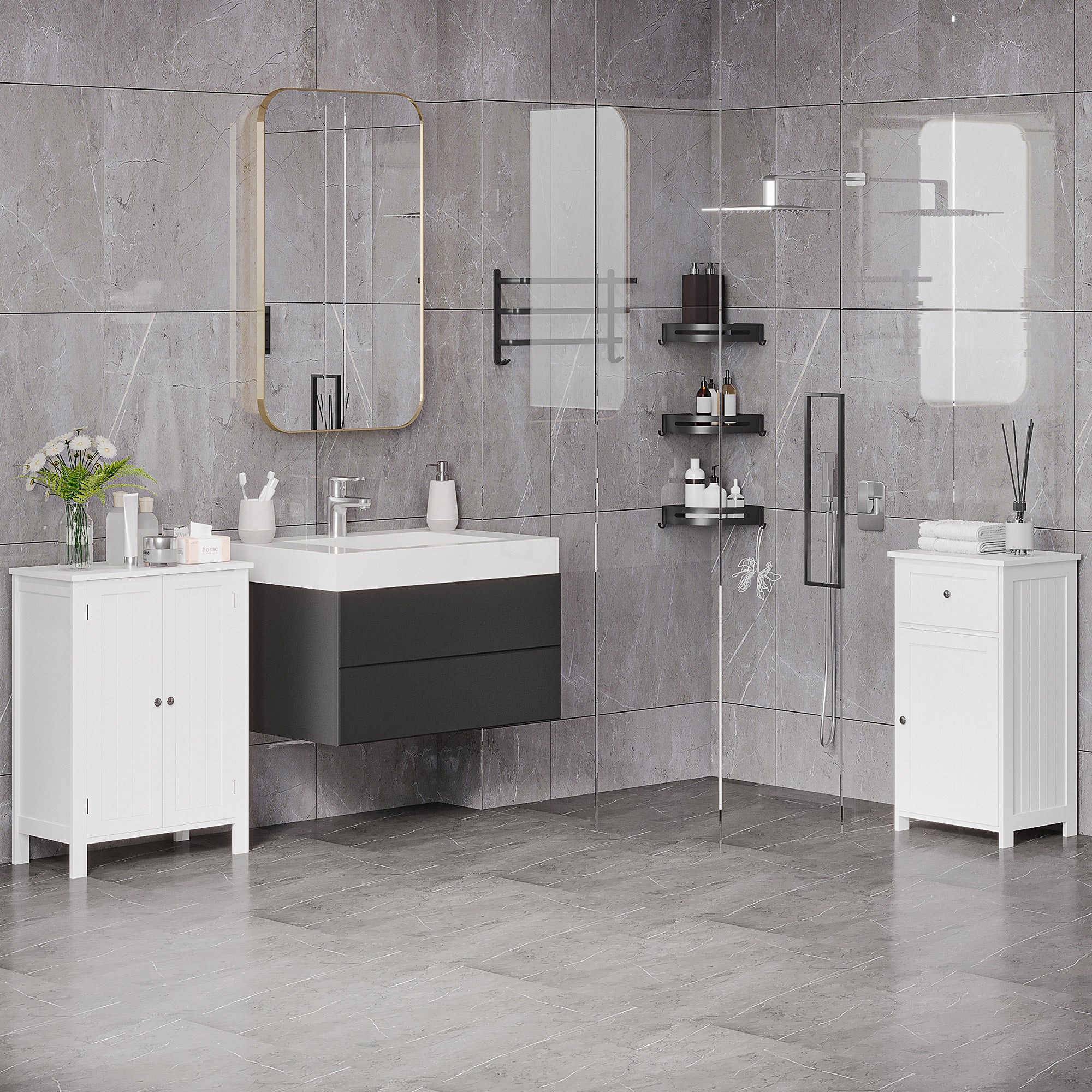 Kleankin Bathroom Cabinet two doors white 60 x 30 x 80cm - Borgè