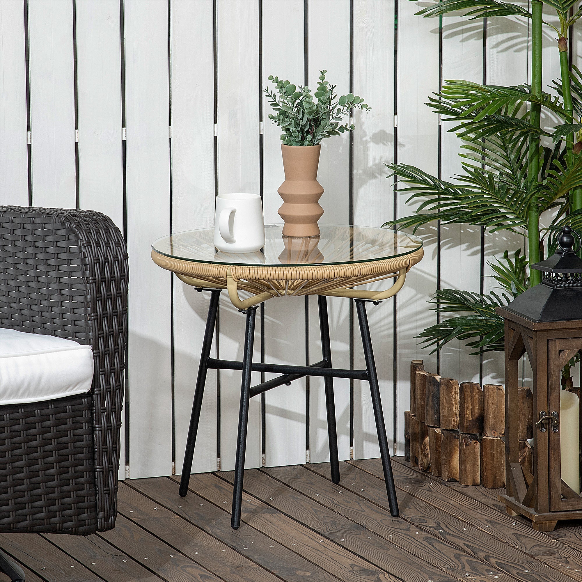 Round Garden Coffee Table Boho Style PE Rattan and Glass, Ø50x50cm, Beige - Borge' Group Limited