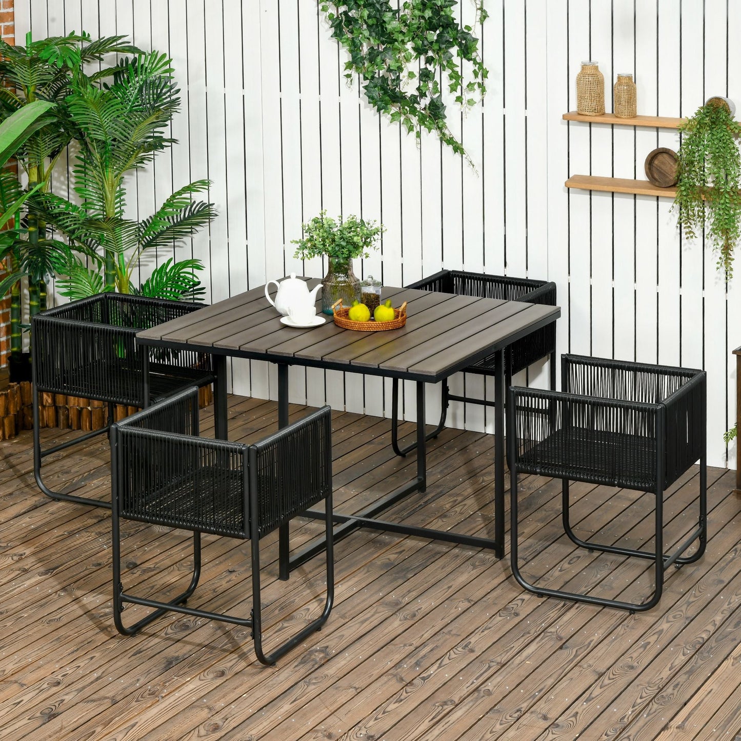 Outsunny garden set 5 pieces in rattan pe and steel, 4 outdoor chairs with cushions and rectangular table