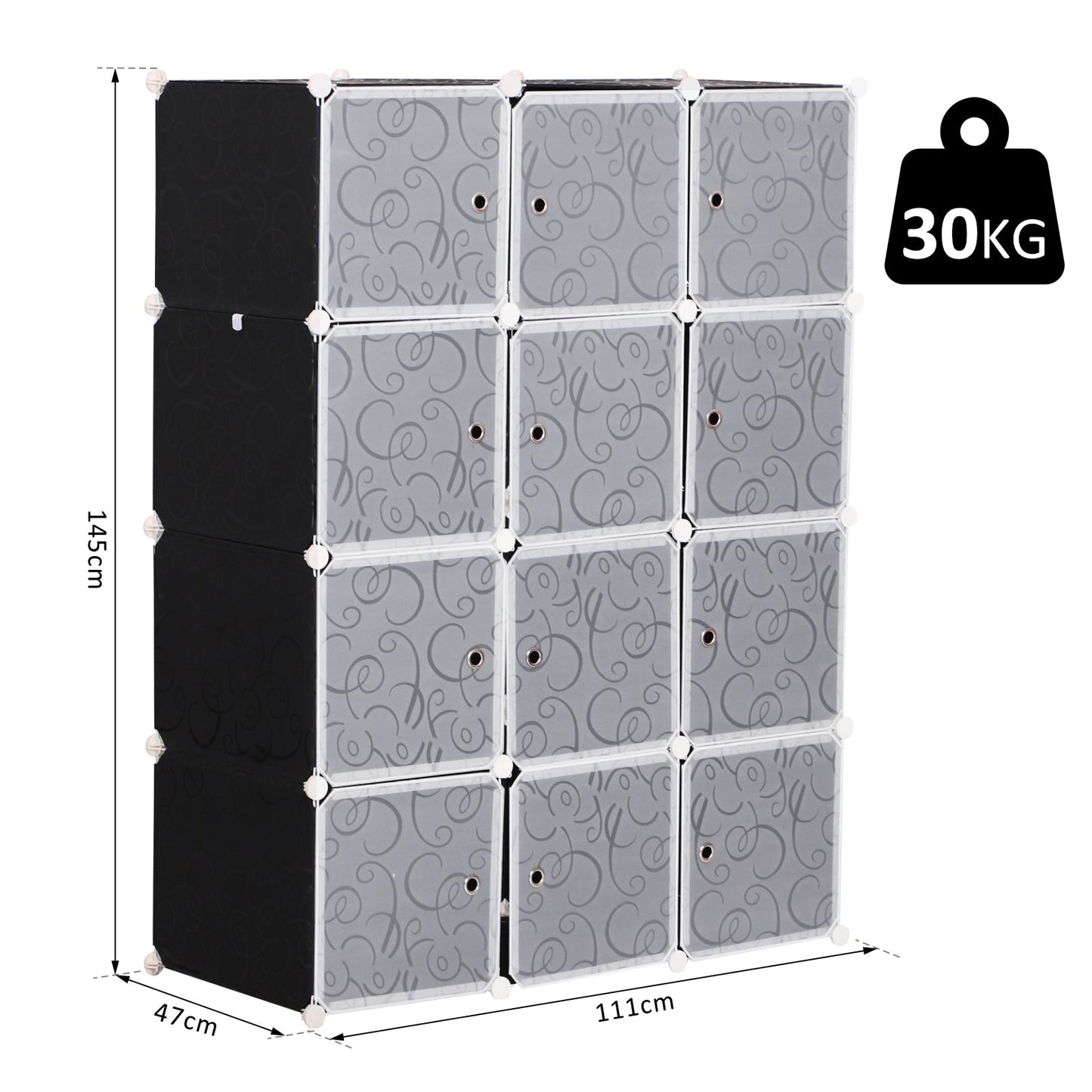 Modular Wardrobe Wardrobe 12 DIY cubes in PP black and white 111x47x145cm - Borgè