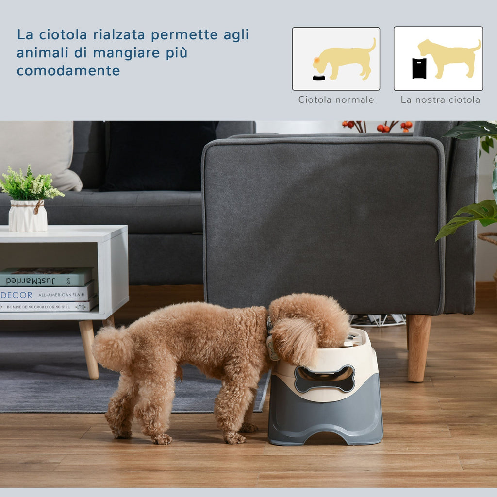 Double Raised Dog Bowl in Stainless Steel and Plastic with Non-Slip Feet, 47x25x20cm, White and Grey - Borge' Group Limited