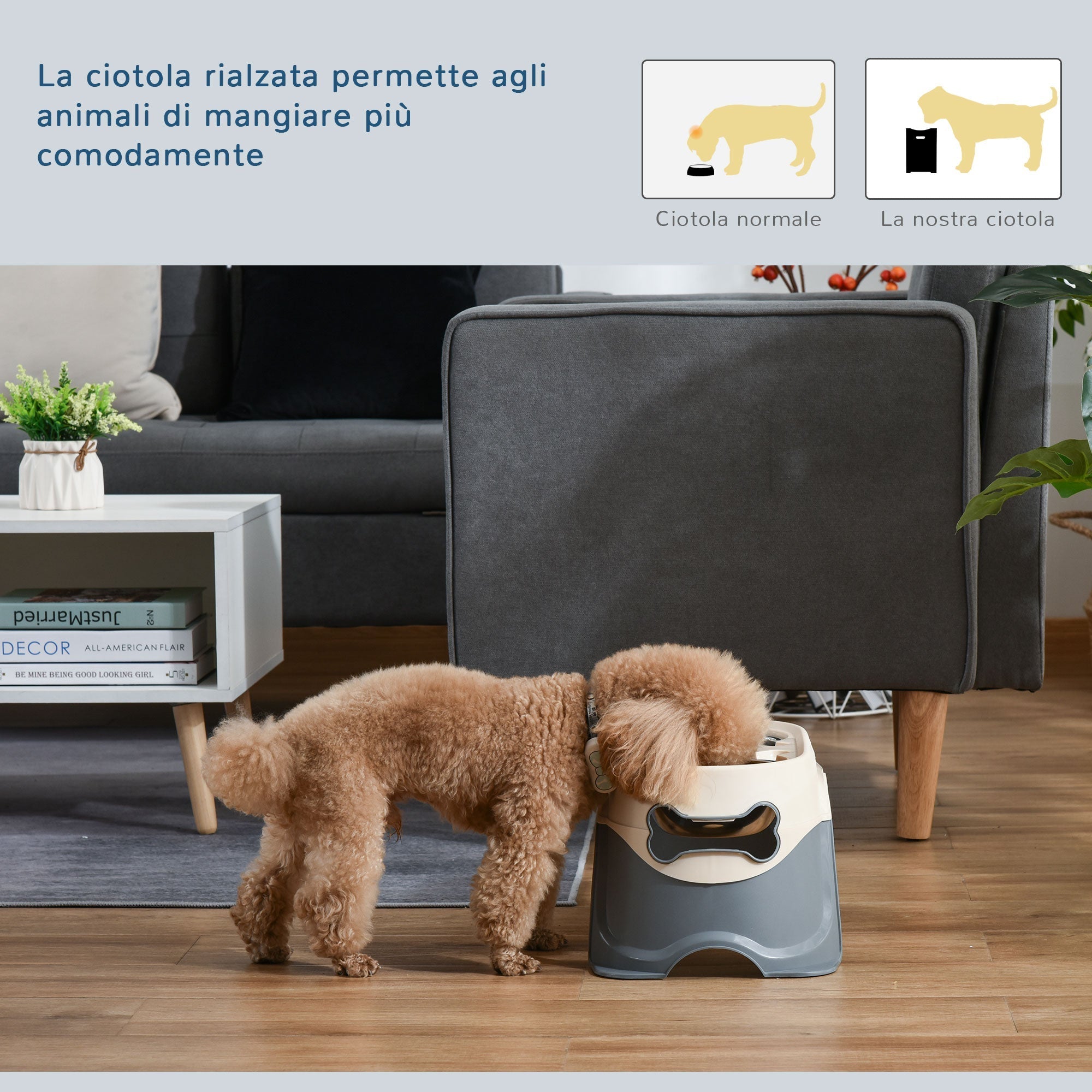 Double Raised Dog Bowl in Stainless Steel and Plastic with Non-Slip Feet, 47x25x20cm, White and Grey - Borge' Group Limited
