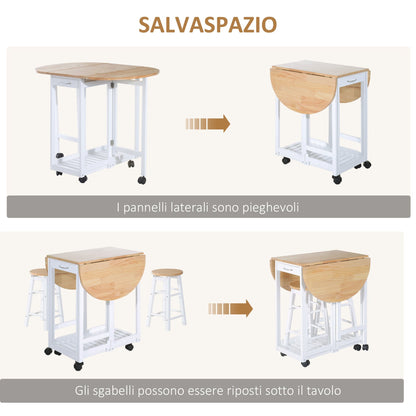 set 3 pieces folding table table and 2 saving stools - white and wood - Borgè