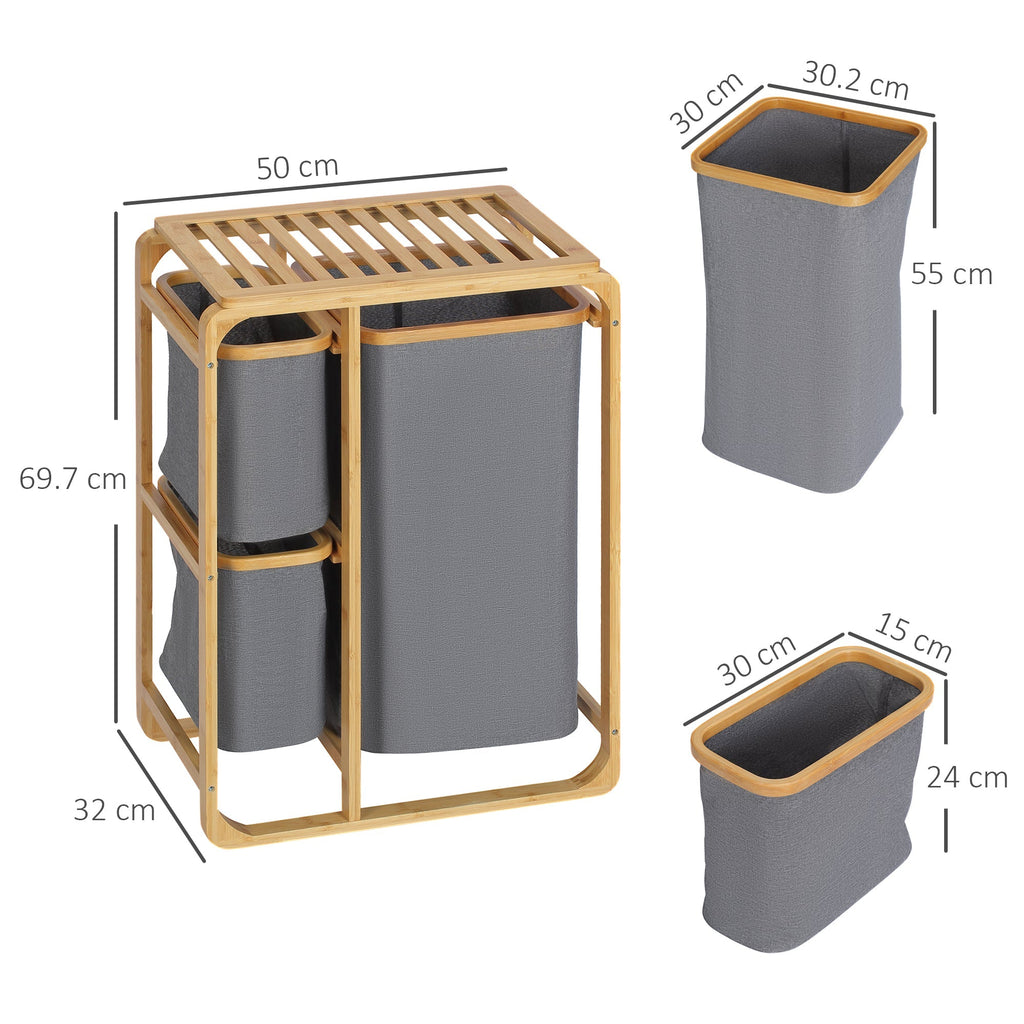 Clothes Laundry Basket with 3 removable compartments in Fabric and Bamboo, 50x32x69.7cm - Borgè