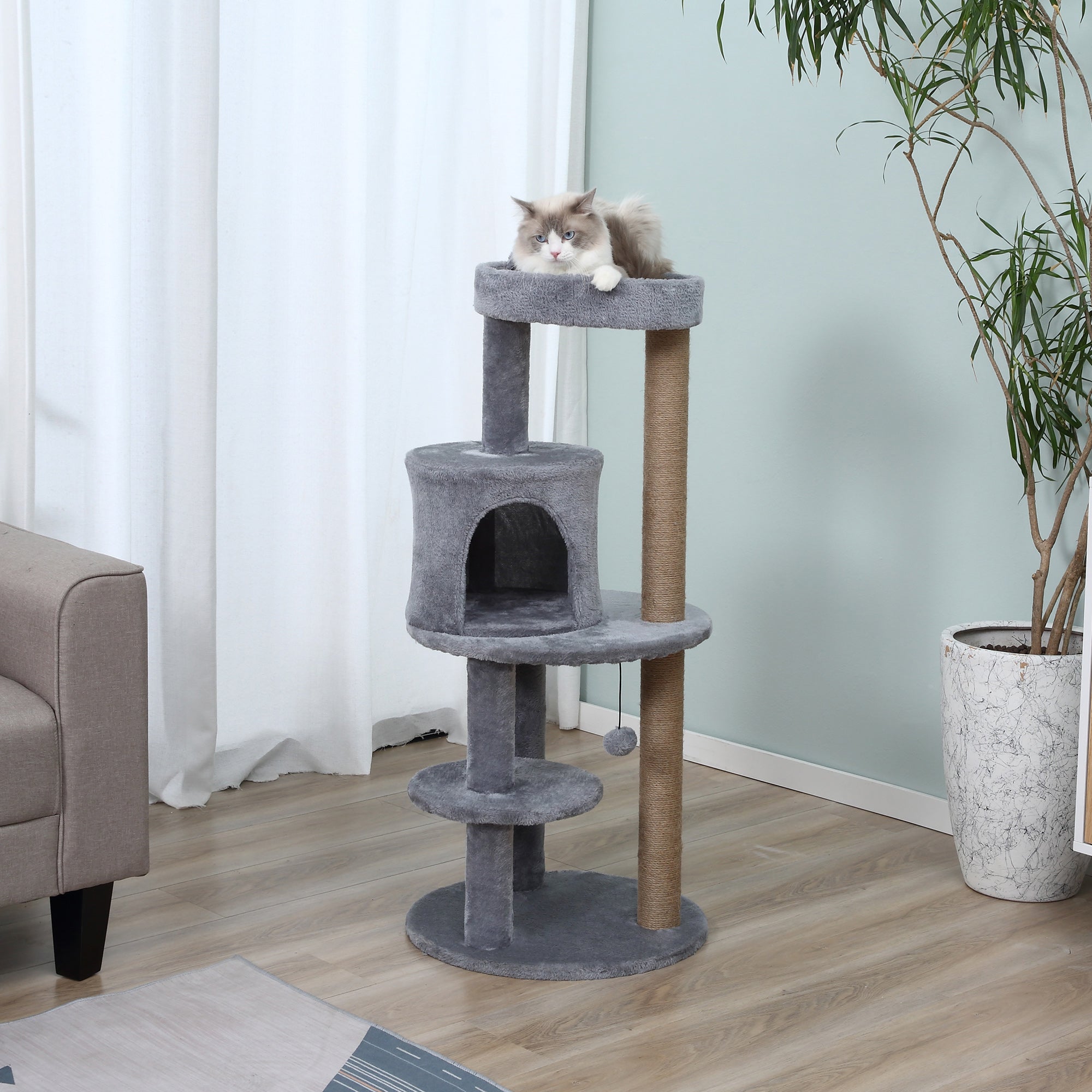 Cat Tree for cats with Scratch Pole 1-2 cats of 4.5kg with 3 levels Grey 48x48x104cm - Borge' Group Limited
