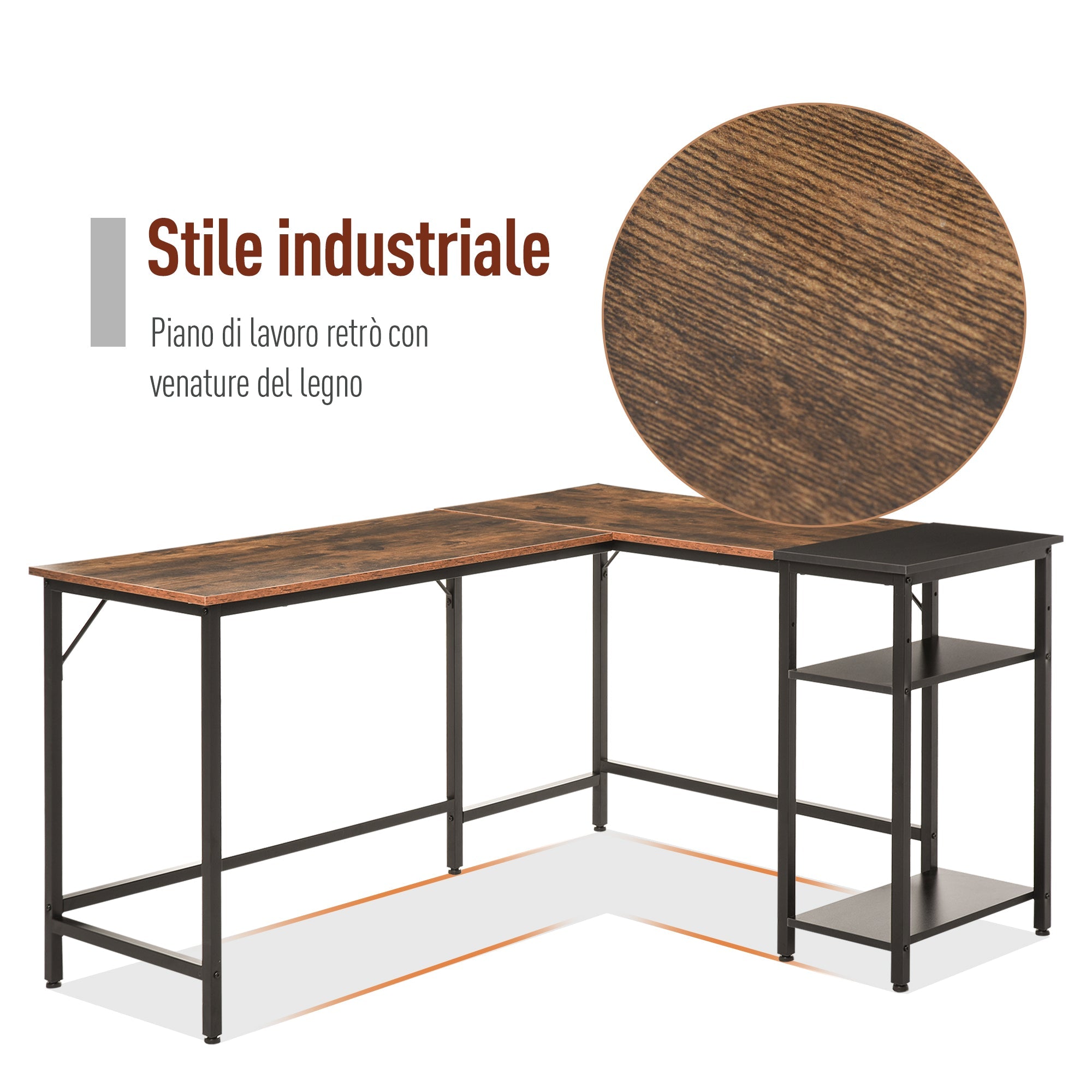 angular desk for industrial style computer with black side shelf - Borgè