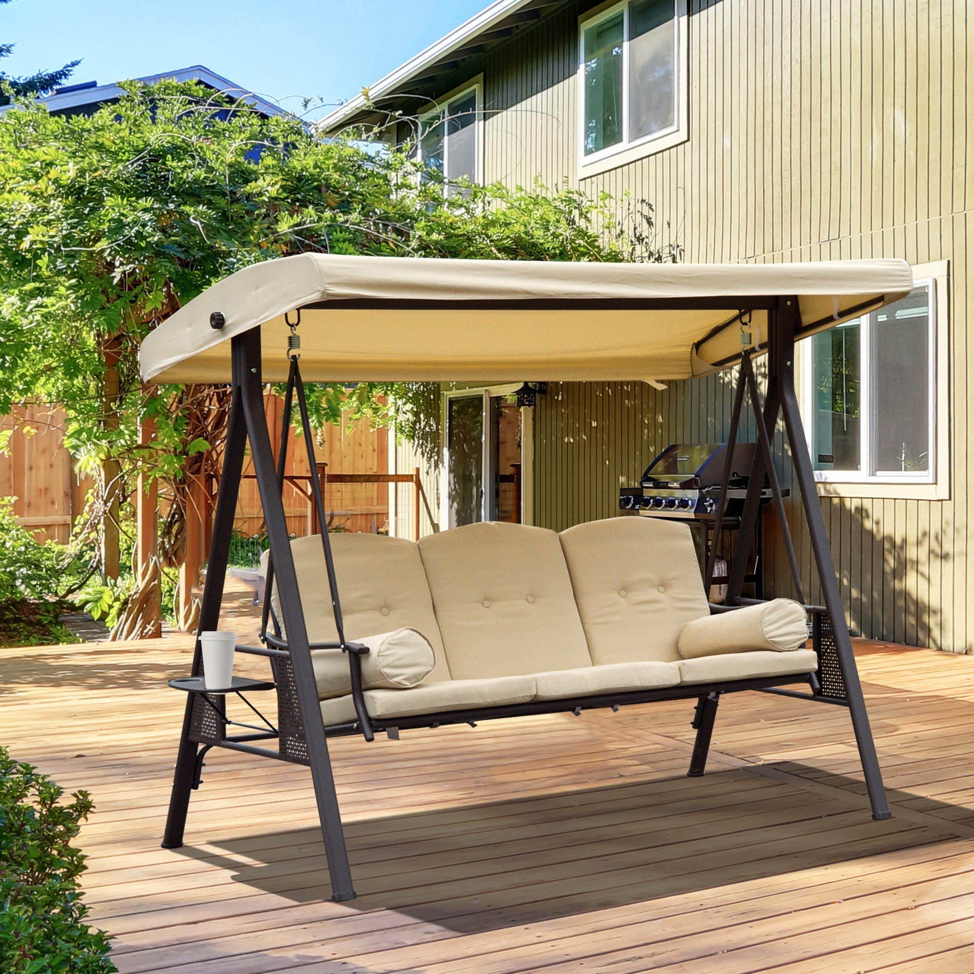 UTAH |  Seater Metal Garden Swing, Outdoor Swing with Tilting Roof and Padded Cushions, 208x121x172 cm, Beige - Borge' Group Limited