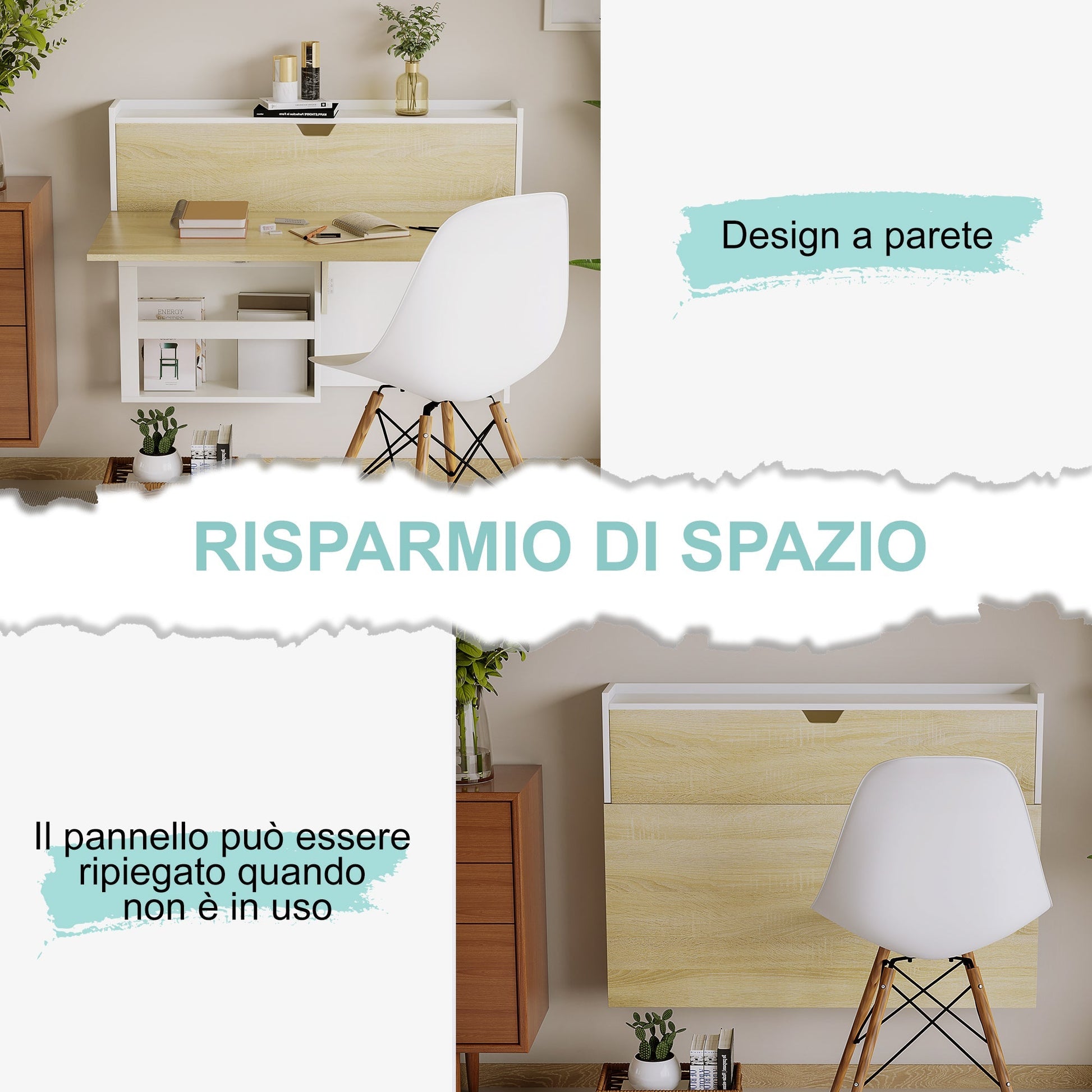 Folding Wall Desk and Salvaspazio with shelves, for home and office, in chipboard, 100x18x74 cm - Borgè