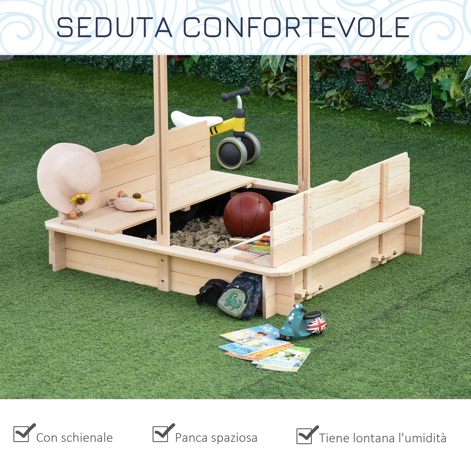 Outsunny Sabbiera For Children in Wooden With Core Parasoles, Bench And Cover, 106x106x121cm White and blue - Borgè