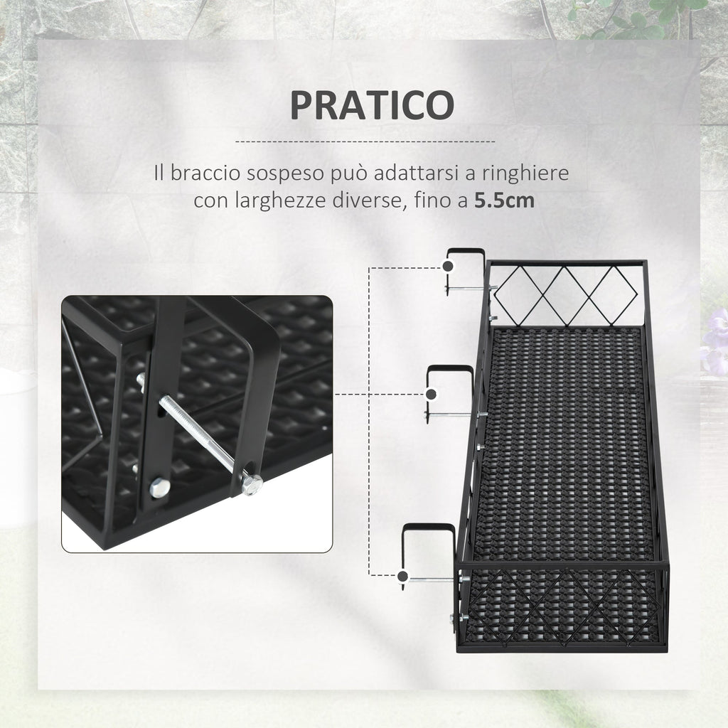 Outdoor Planter Pot Holder with Hooks for Balcony Railing in Metal, 100x31x12cm, Black - Borge' Group Limited