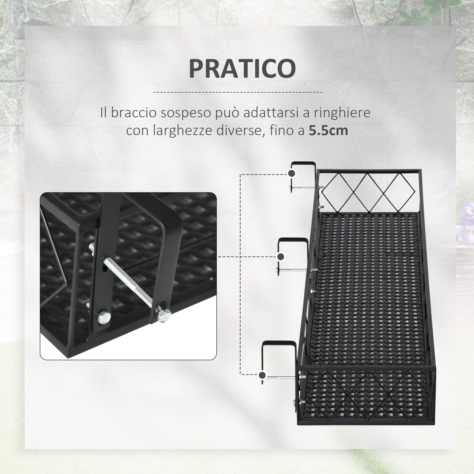 Outdoor Planter Pot Holder with Hooks for Balcony Railing in Metal, 100x31x12cm, Black - Borge' Group Limited