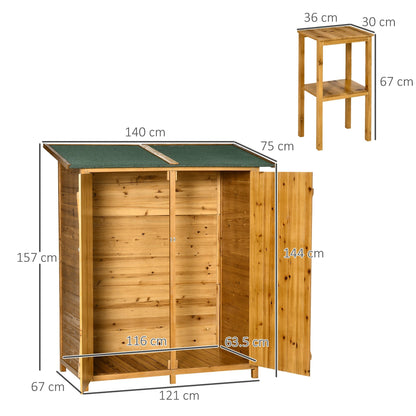 Outsunny 2 doors wooden garden house with 2 shelves high stool and water -repellent roof, 140x75x157 cm - Borgè