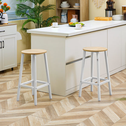 set 2 kitchen stools in chipboard and steel with smooth top and footrests, 32.5x32.5x65 cm, white and wood - Borgè