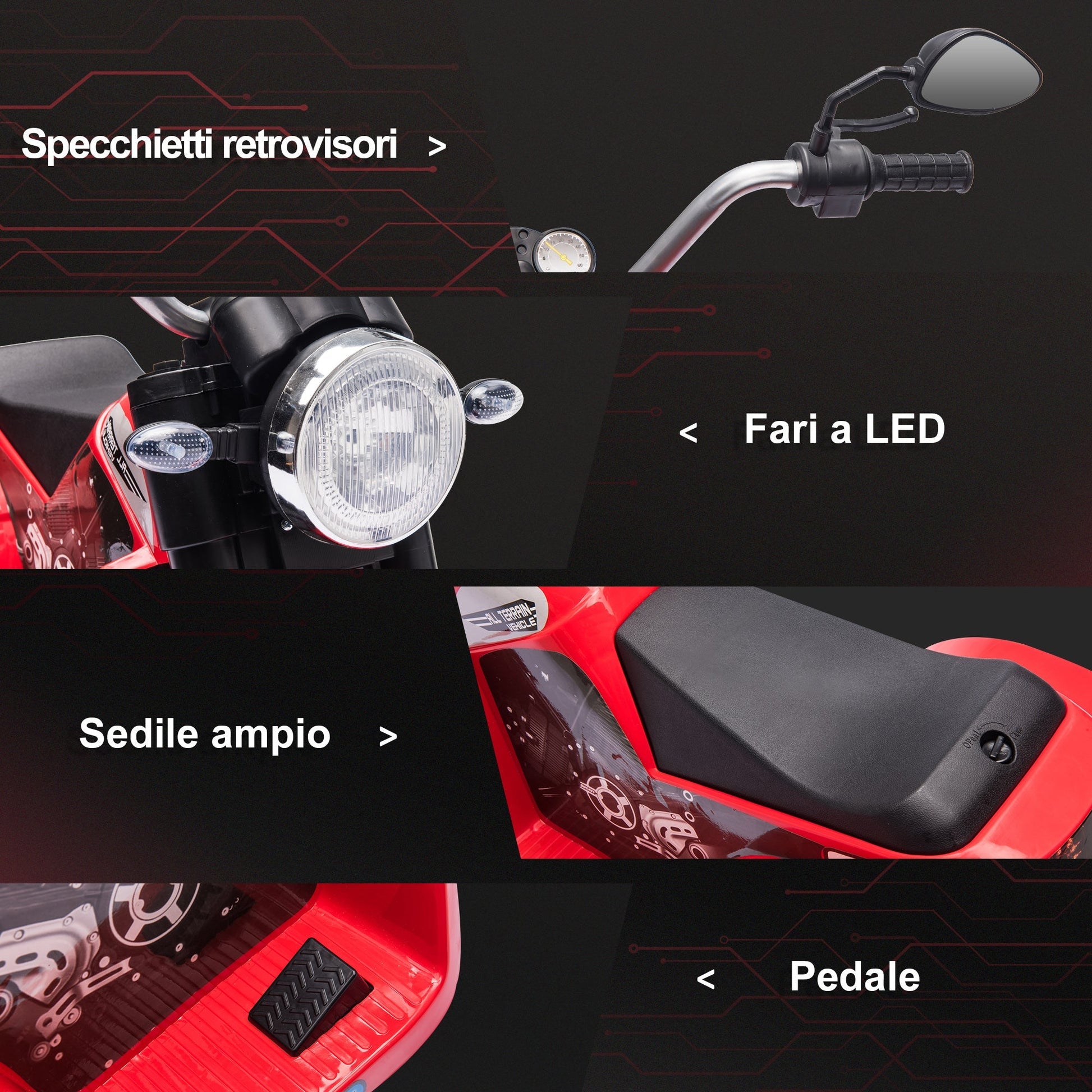 electric motorcycle for 3-wheeled children with lights and sounds, 6V rechargeable battery, speed 2 km/h, for children of 18-36 months, 72x57x56cm red - Borgè