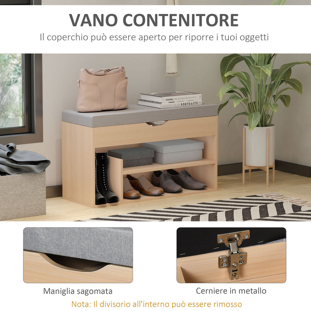Scarpiera 2 in 1, wooden bench with padded seat and hidden compartment, for entry/input, 80 x 30 x 48cm - Borgè