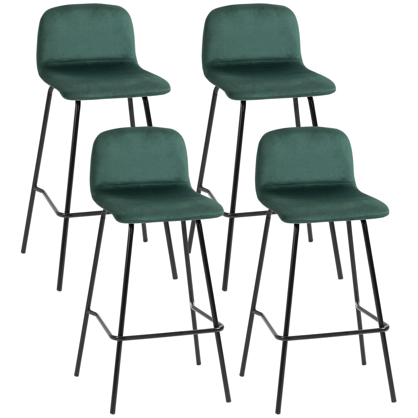 Set 4 high stools with kitchen and bars footrests, in velvety polyester, steel and rubber -tap, 40x45.5x94 cm