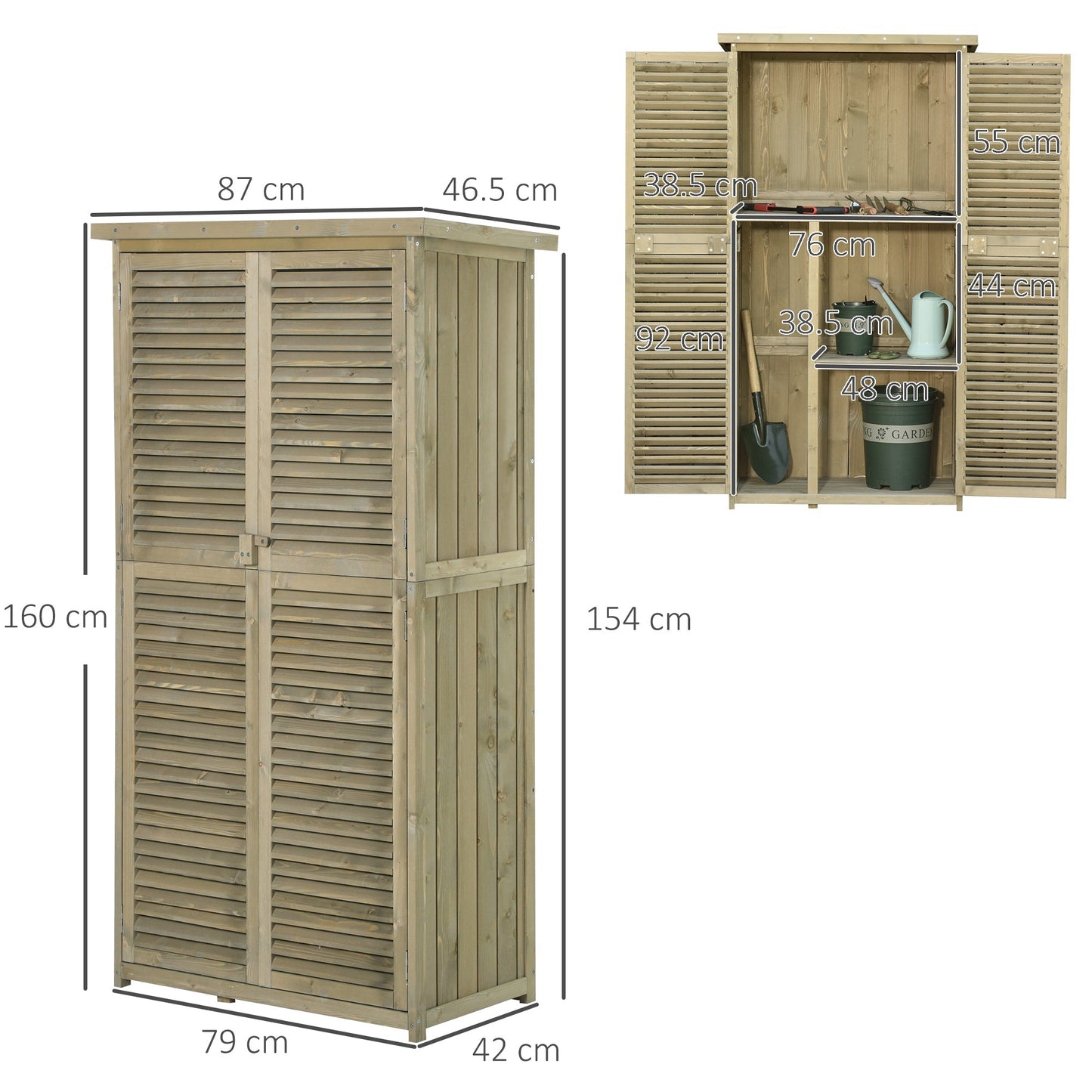 Outsunny Garden Wooden House With Waterproof Roof, Outdoor Wardrobe Towing Garden tools with 4 compartments, 87x46.5x160cm - Borgè