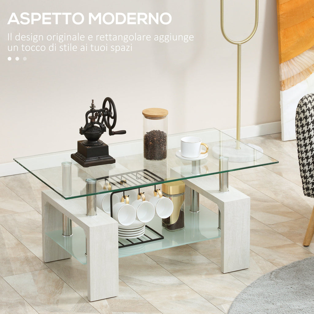 Modern coffee table with 2 levels in glass and wood, 90x50x42cm, white - Borgè