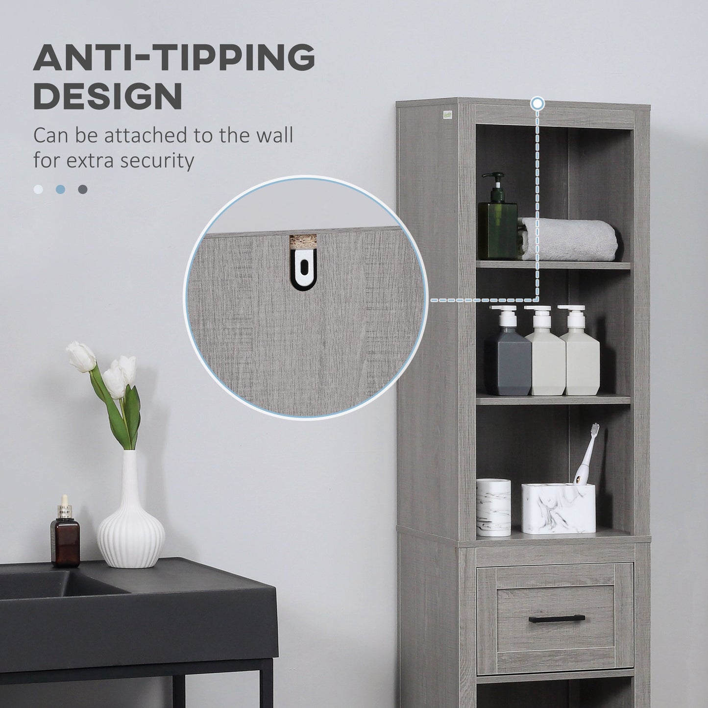 Kleankin Bathroom column in chipboard with 5 open shelves and a drawer, 42x30x170 cm, Grey