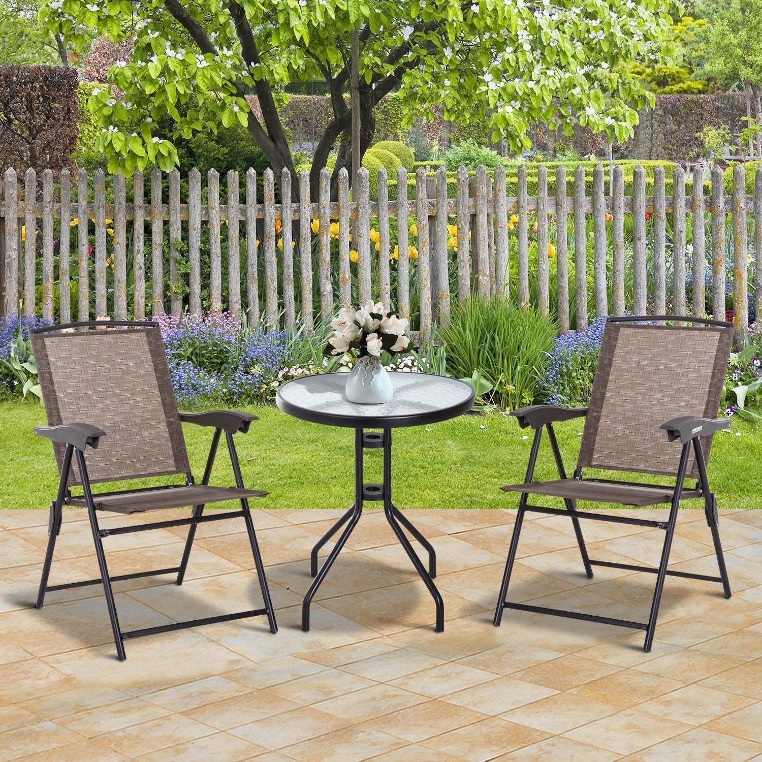 Garden outdoor furniture set with glass table and chairs, brown - Borgè