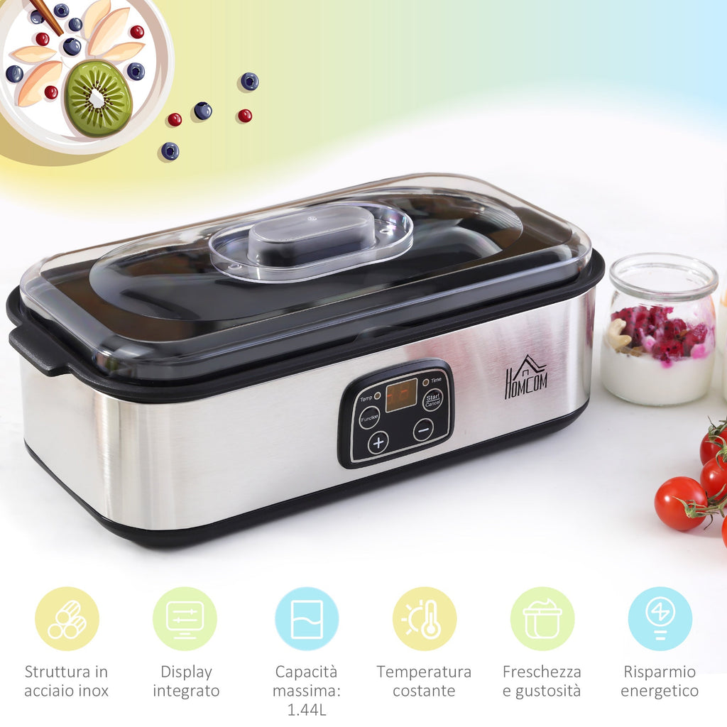 Electric Yogurt Maker with 8 Jars Included, Timer 1-48 Hours and Adjustable Temperature 20-50°C, 36x18.8x14cm, Silver - Borgè