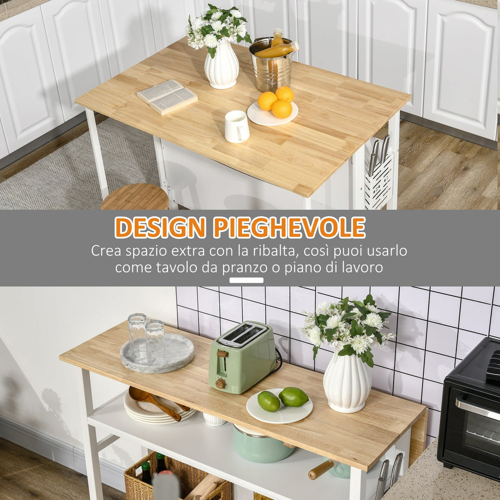 Homcom island kitchen with folding work surface and 2 wooden shelves and steel, 120x76x91.5cm, white - Borgè