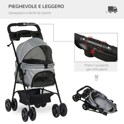 Pawhut Folding dog stroller with safety leash and storage basket, Grey - Borgè