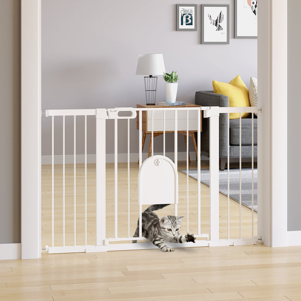 Extendable Dog Gate with Self-Closing Door, Metal and ABS, 75-131x76 cm, White - Borge' Group Limited