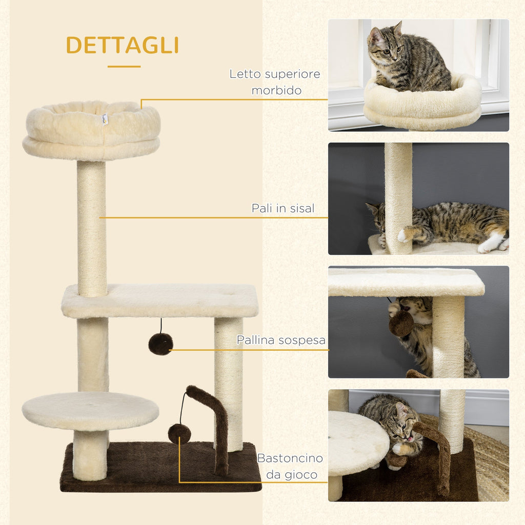 Scratching Tree with Sisal Pole, Perch and Play Balls, Chipboard and Plush, 44x38x74 cm - Borge' Group Limited
