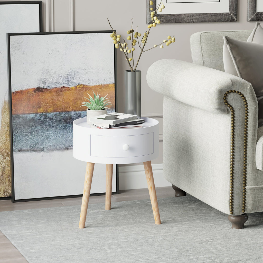 Modern Living Room Table with wooden, white, ф38x45cm drawer - Borgè
