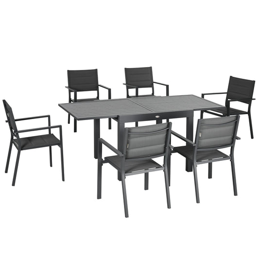 Outsunny garden set with extendable aluminum table and 6 chairs with breathable seat, Grey - Borgè