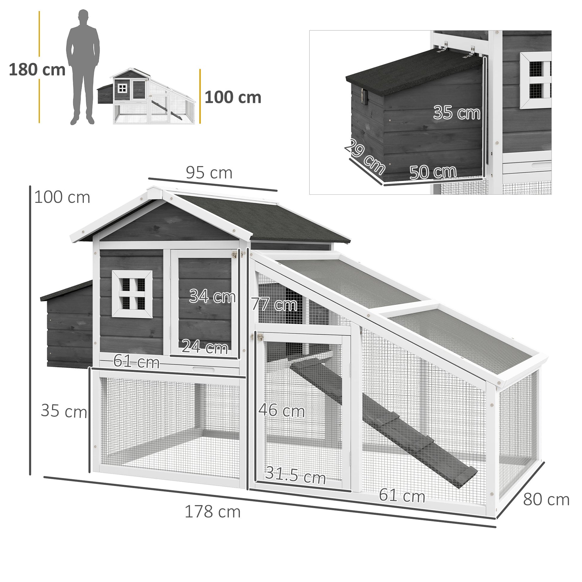 Pawhut cage for chickens or ducks, prefabricated wooden chicken coop with waterproof roof, 178x95x100 cm, grey - Borgè