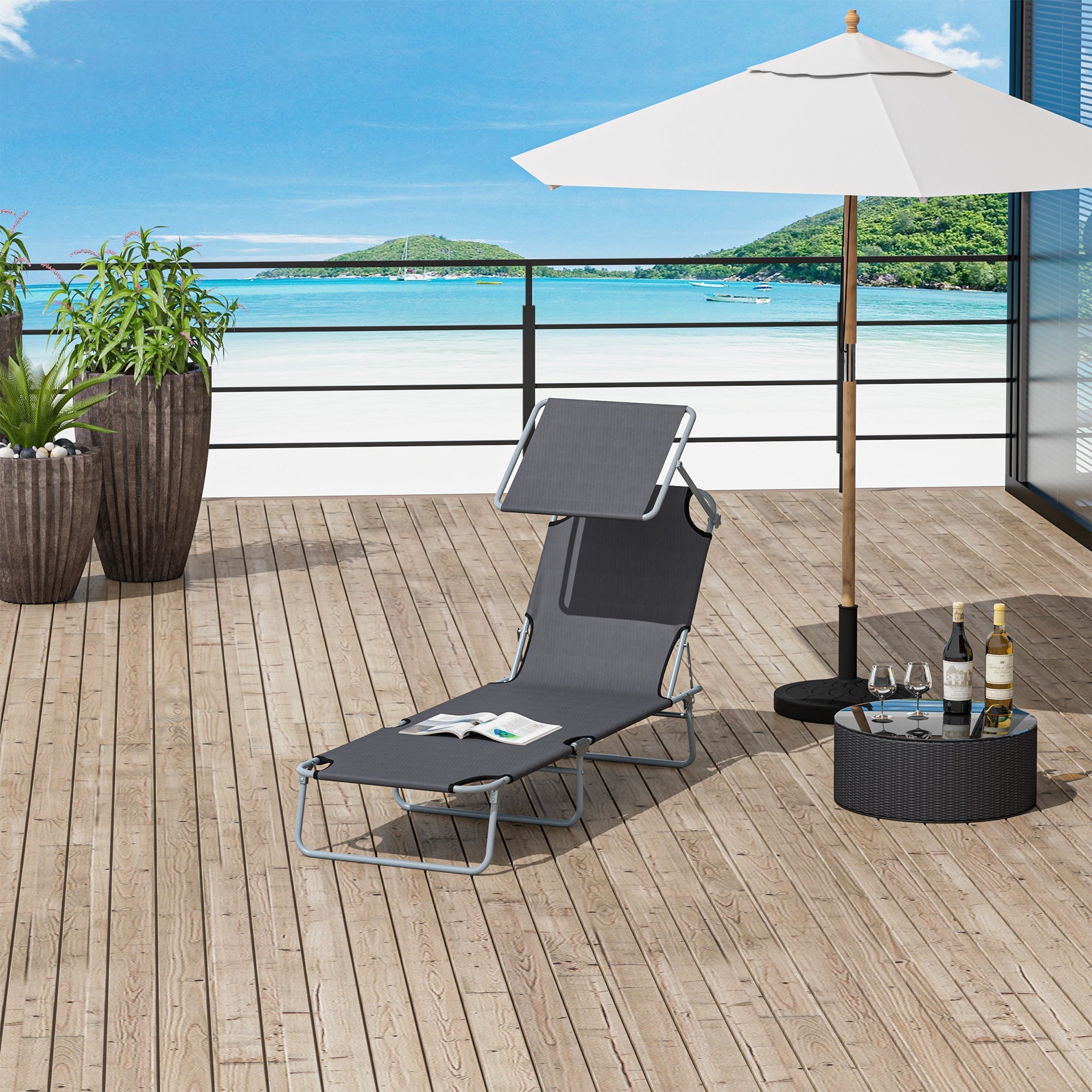Garden Sun Lounger, Folding and Adjustable Deck Chair with Grey Fabric Canopy, 187x58x36cm - Borge' Group Limited