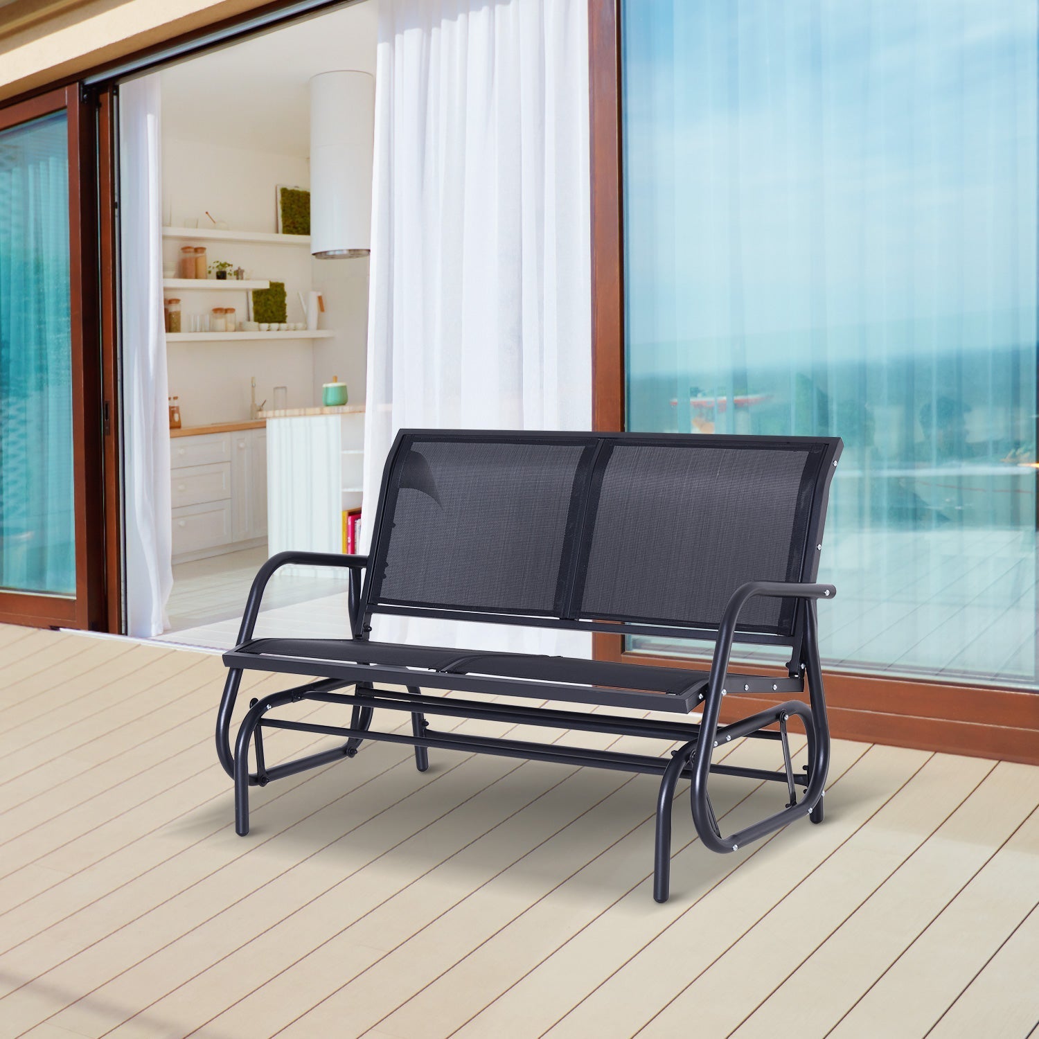 2-Seater Garden Swing Bench in Metal and Breathable Mesh Fabric, 120x70x85cm, Black - Borge' Group Limited