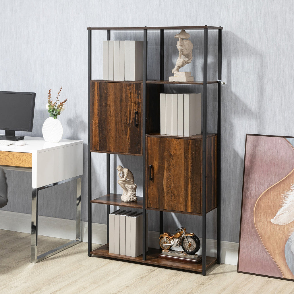 Homond industrial style bookcase with 4 shelves and 2 lockers, 90x30x159.5cm, black and brown - Borgè