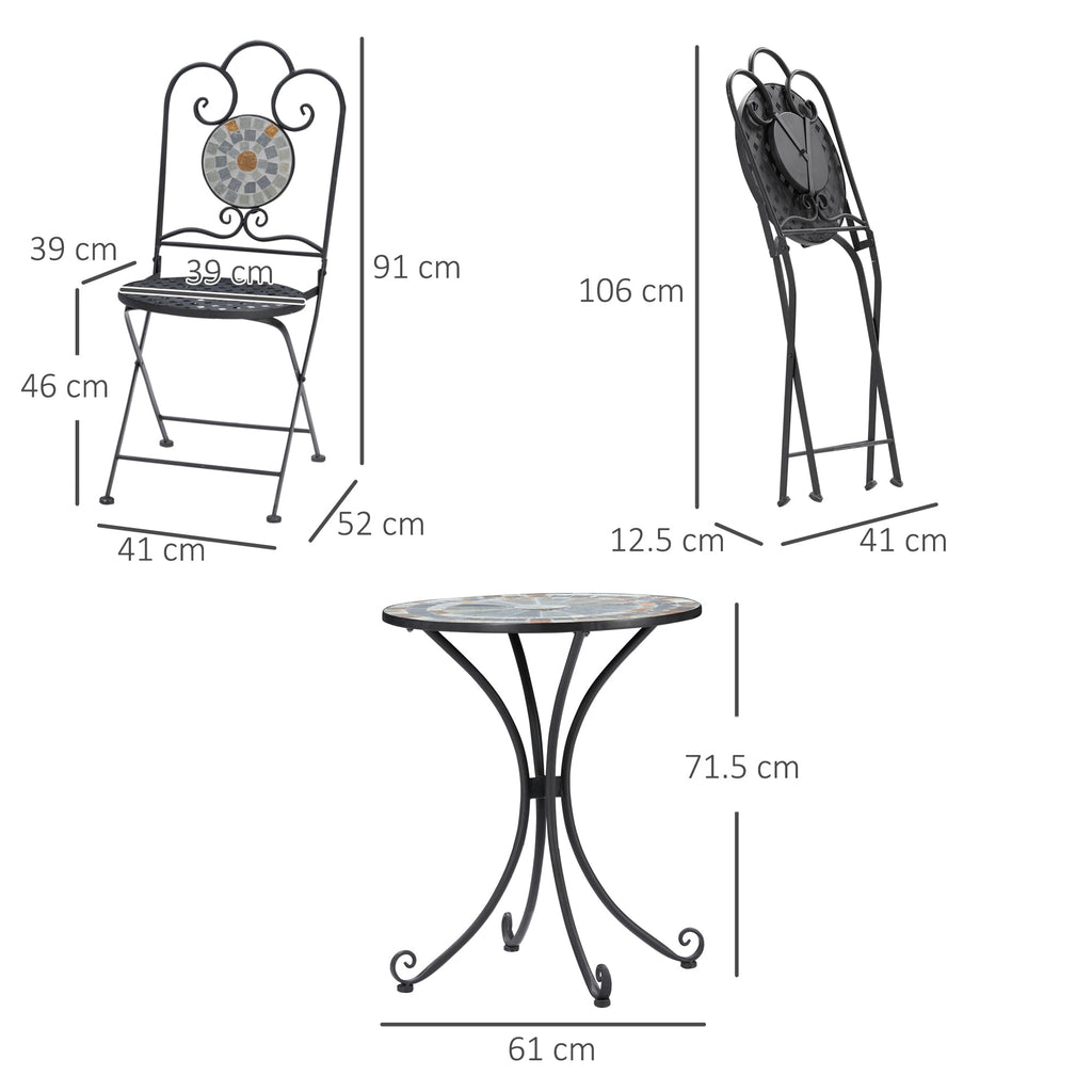 Mosaic | 3 Piece Garden Set, 2 Folding Chairs and 1 Table, Mosaic Design, Grey - Borge' Group Limited