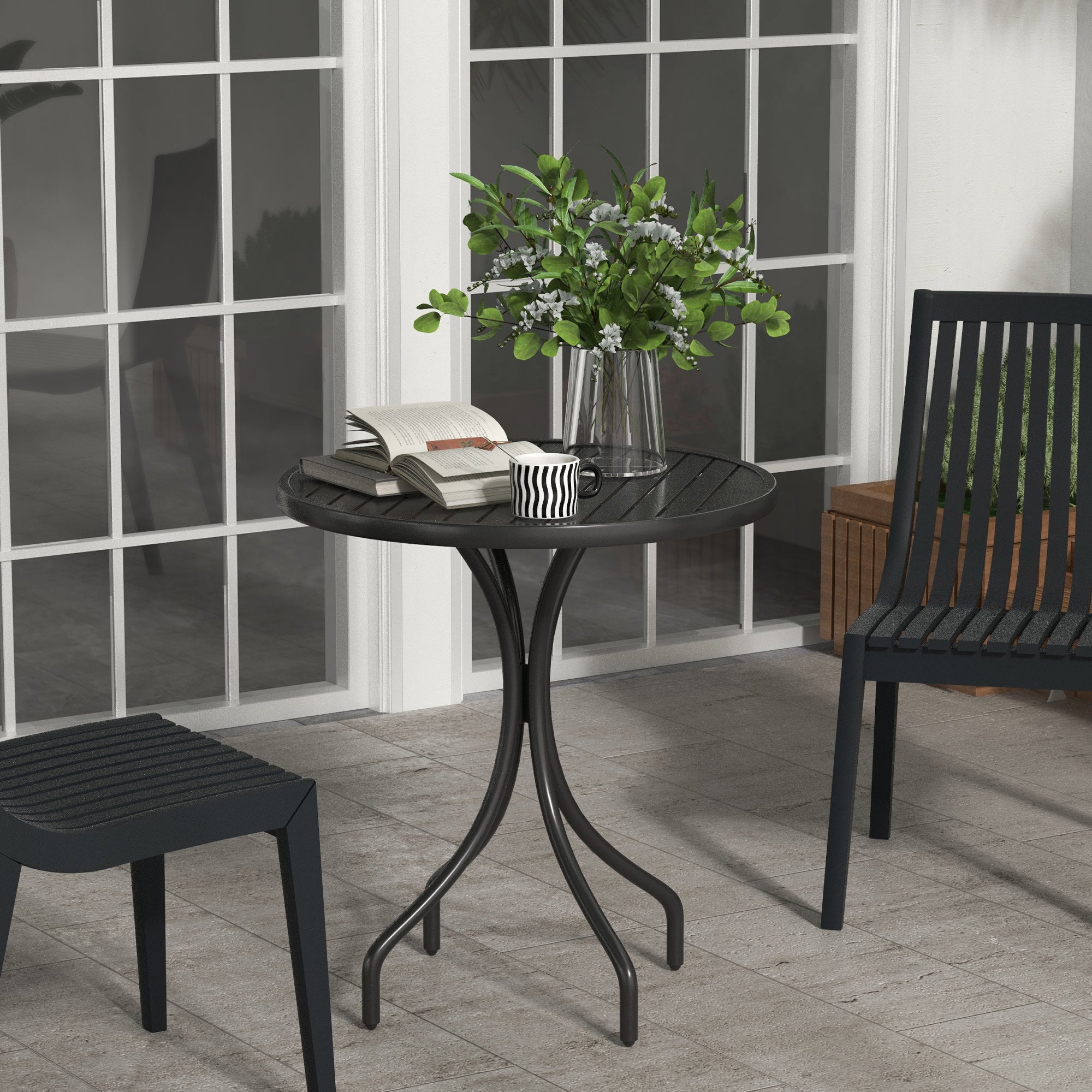 Outsunny round garden table with steel slat top, Ã˜66x71.5cm, black - Borgè