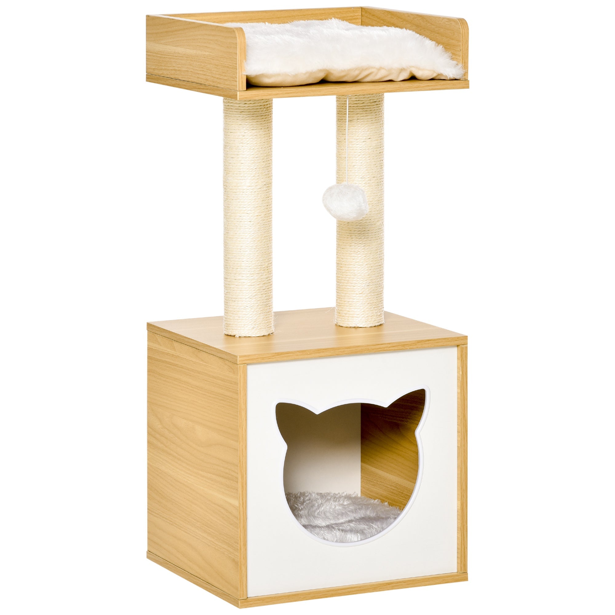 Cat Tree for cats with Scratch Pole in Sisal, washable cushions and ball, 35x35x81cm, oak - Borge' Group Limited