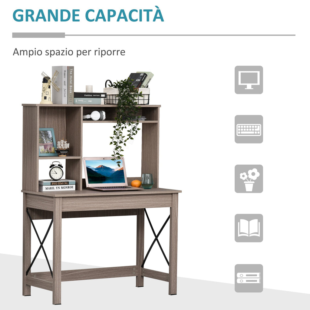 Desk Shelf with Bookcase Above in Wood for Bedroom, Children's Room or Office, Space Saving 105x50x137.5cm - Borgè