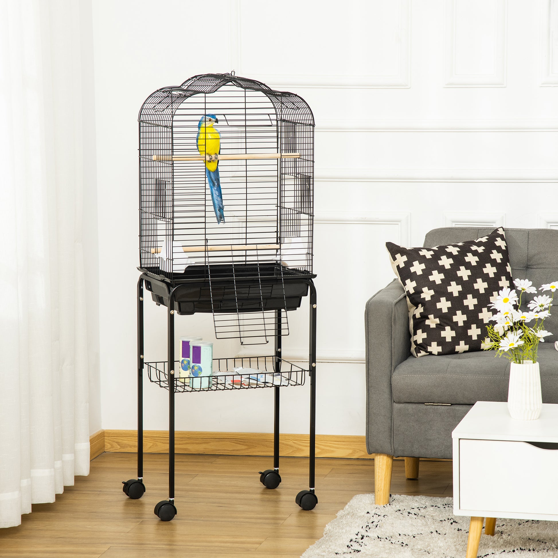 Pawhut bird cage with 3 posees, 2 bowls and 2 side doors, in steel, pp and wood, 46x36x130 cm, black - Borgè