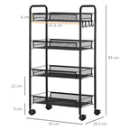 kitchen trolley with 4 shelves removable with 4 hooks and wheels, in steel and plastic PP, 45x26.5x84 cm, black - Borgè