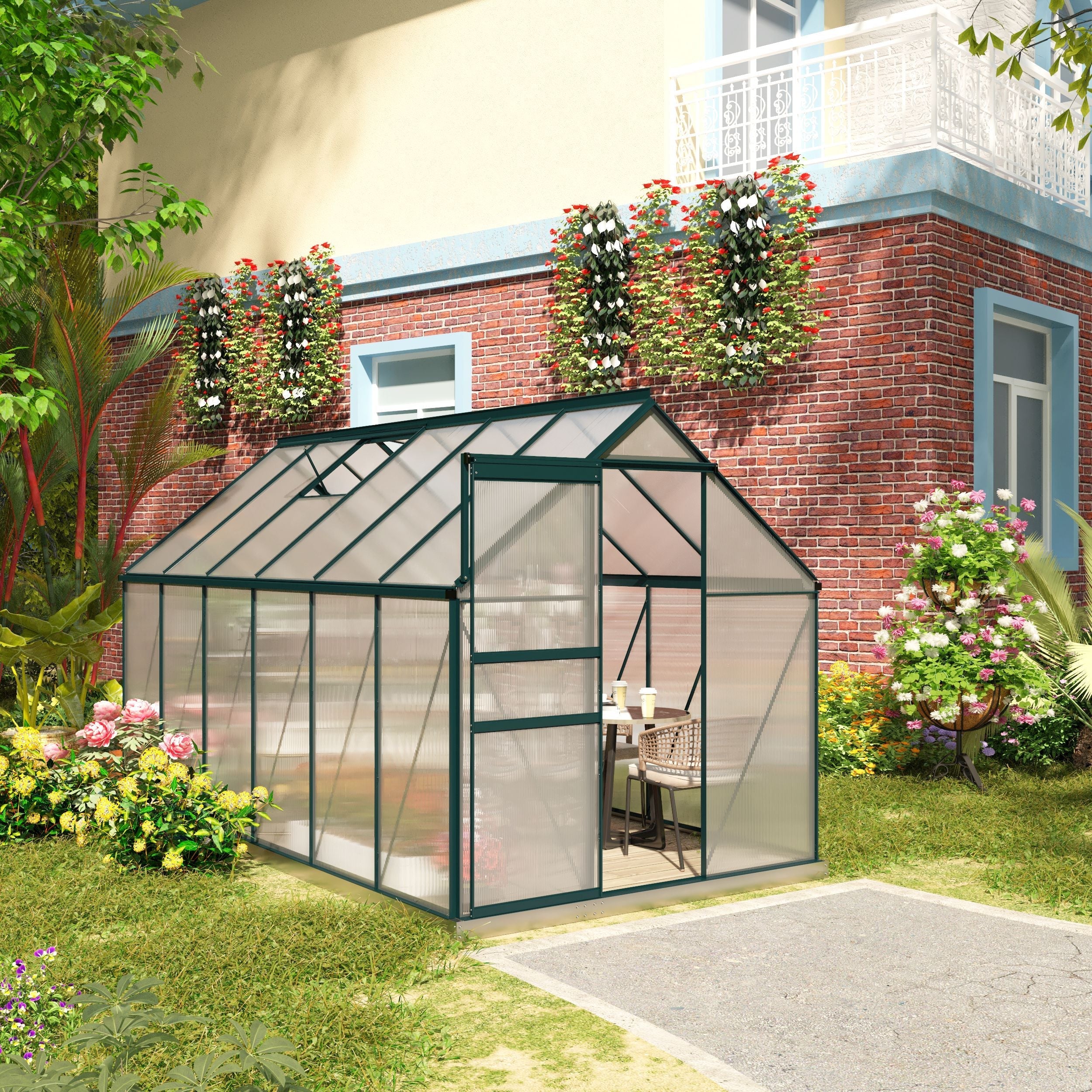 Polycarbonate Garden Greenhouse 190x375x199cm, with Opening Window and Sliding Door, Aluminum Frame, Green - Borge' Group Limited