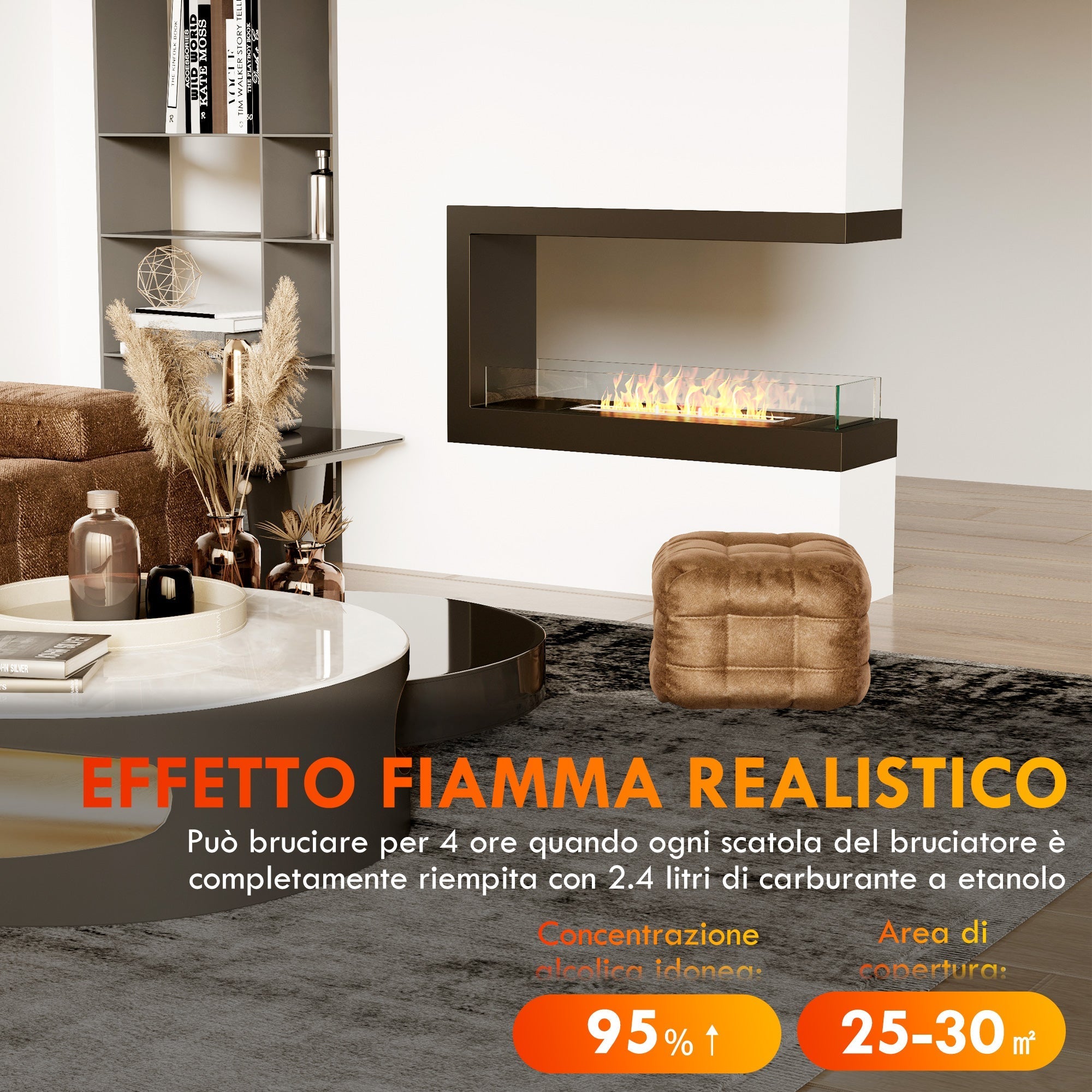 Bioethanol Fireplace with 3 sides with 2.4L burner and lasting 4 hours, 30ãŽ¡ cover, 100x30x55cm - Borgè