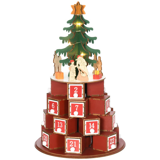 Calendar Advent of Christmas with the themed motifs and 10 LED lights, 22x22x35 cm, in plywood, green and yellow red - Borgè