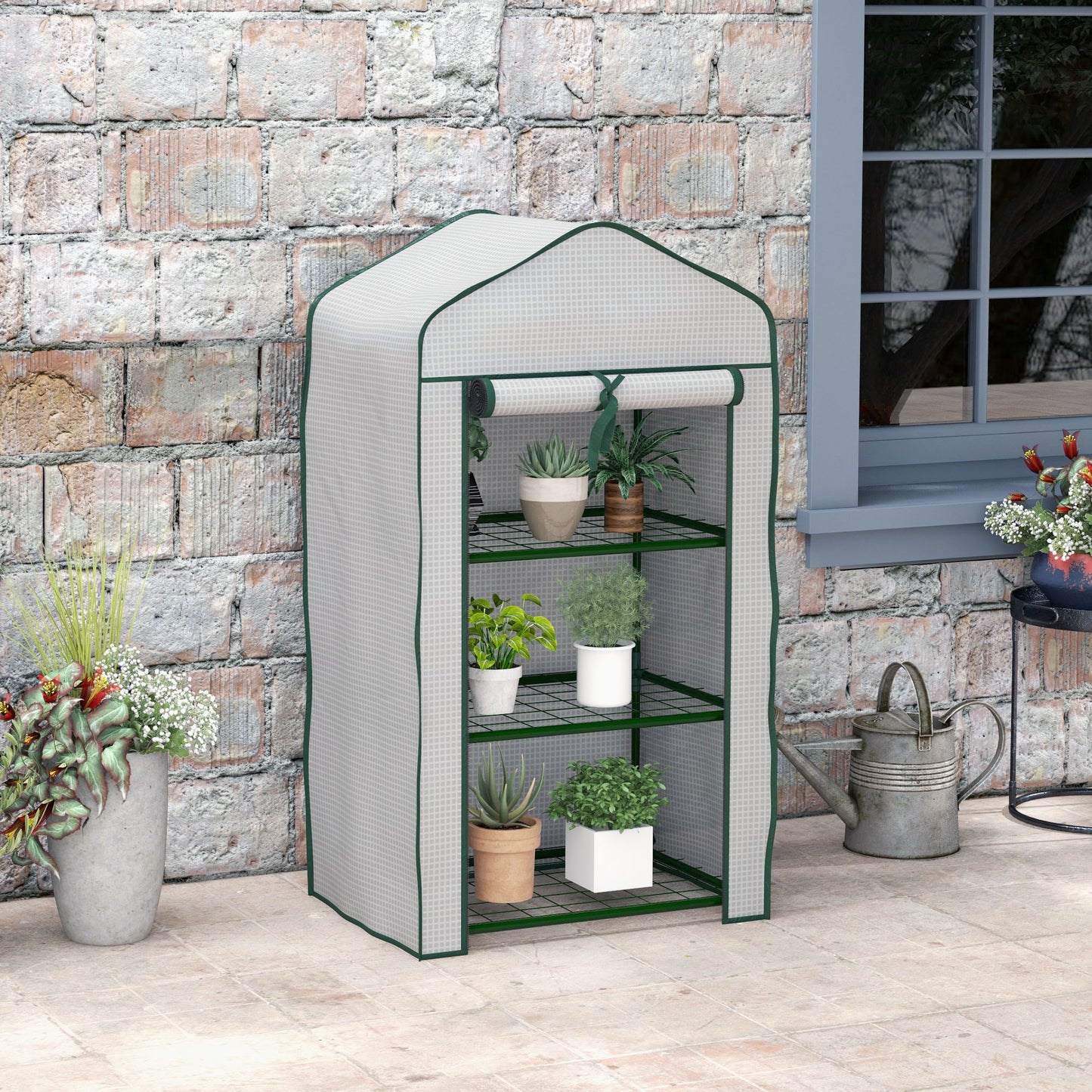 Outsunny mini garden greenhouse with pear coverage, 3 shelves and roller shutters, 59x39x127cm, white - Borgè